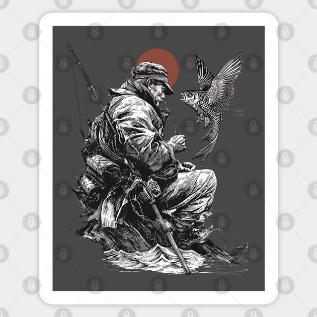Old Fisher with Talking Fish – Zen Ink Tale Sticker by TuncGK